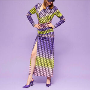 $432 Nocturne Printed Maxi Long Sleeve Slit Dress Ruched XS